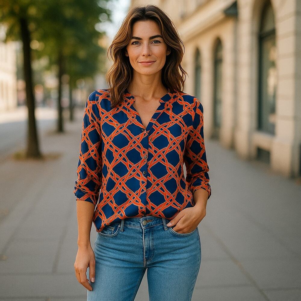 Mud Pie Womens Blouse Size L 12 14 Blue Orange Red Chain‎ Link Print Tunic